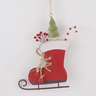 Wooden skate ornament by A&B, red with white trim, twine bow, candy cane and mini tree