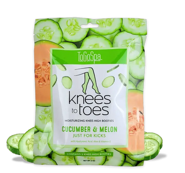 ToGo Spa Knees to Toes cucumber & melon knee-high booties moisturizing mask; green packaging, contains 2 booties.