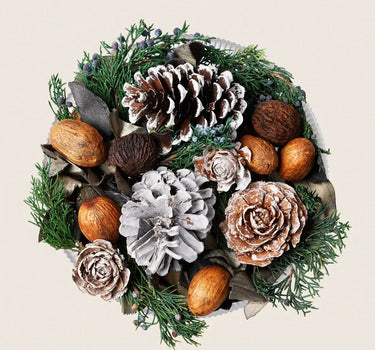 Smell of the Tree Potpourri Bag; pinecones, nuts and evergreen sprigs in brown and green