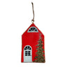 Red iron house ornament by A&B, 3.5x6 in, with hanging string, white door, arched window, and pine tree.