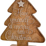 Wood Carved Holiday Tree decoration, brown wood finish with engraved script and star, Special T