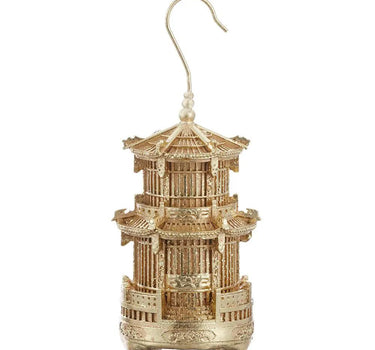 Gold birdcage ornament, Allstate merchandise, 8.5-inch tall with an intricate tiered pagoda design and hanging hook.