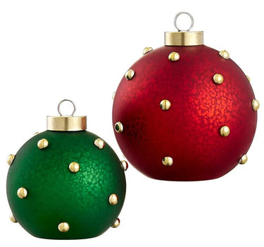 Beaded glass ball name card holder pair in red and green, two sizes 3-4 in, Allstate merchandise