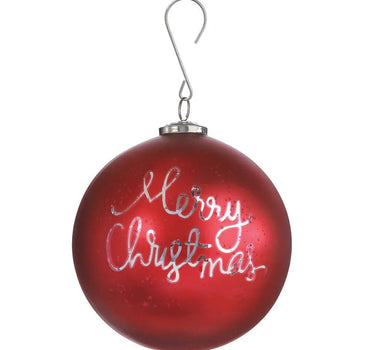 Glass ball ornament by Allstate, red with Merry Christmas script, 6-inch