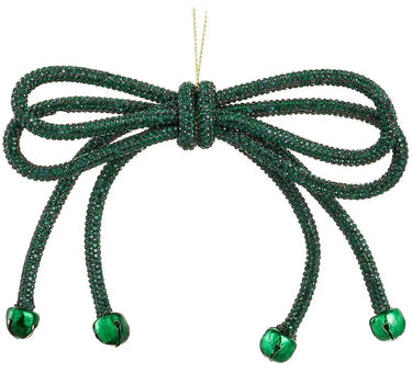 Allstate Sparkle Bow Ornament w/ Bells Green 5.5" - Holiday Ornaments Merchandise