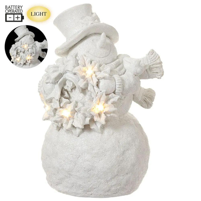 Lit Snowman Figurine Holding A Wreath White B/O 7.75"H