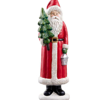 Santa figurine in a red coat with white fur trim, holding a Christmas tree and lantern, 20 inches tall.