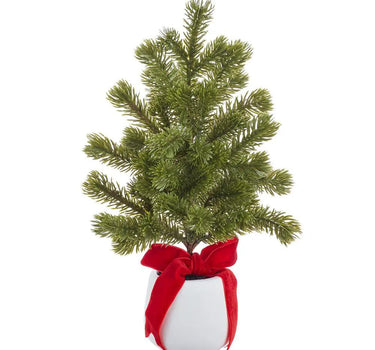 Spruce tree in cement pot with red bow, silk, 12-inch
