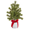 Spruce tree in cement pot with red bow, silk, 12-inch