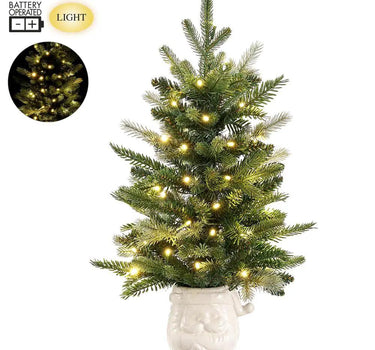 Lit silk mixed pine tree in Santa container, 23 inches, battery-operated warm lights