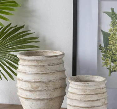 A&B Beige Sand-Cement Ridged Vase 7" x 9" - Vases Merchandise