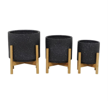 Deco Marché Black Speckled Ceramic Planter with Removeable Bamboo Stand Large 12" - Planters Merchandise