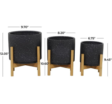 Deco Marché Black Speckled Ceramic Planter with Removeable Bamboo Stand Medium 11" - Planters Merchandise