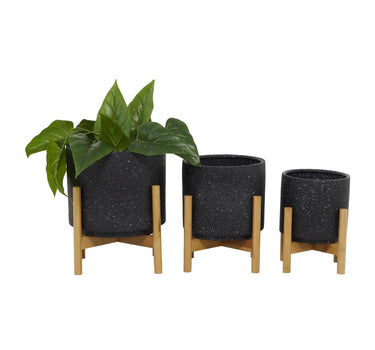 Deco Marché Black Speckled Ceramic Planter with Removeable Bamboo Stand Small 9.45"H - Planters Merchandise
