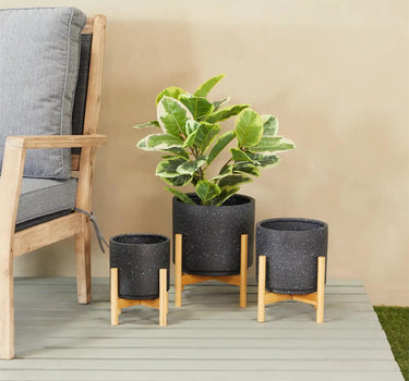 Deco Marché Black Speckled Ceramic Planter with Removeable Bamboo Stand Small 9.45"H - Planters Merchandise