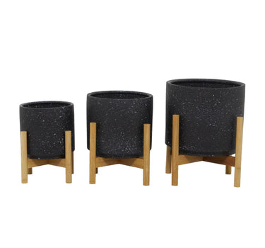 Deco Marché Black Speckled Ceramic Planter with Removeable Bamboo Stand Small 9.45"H - Planters Merchandise