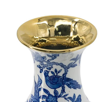 A&B Blue-White Chinoiserie Flower Vase with Gold Accent 9.5"D x 16" - Vases Merchandise