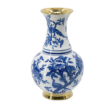 A&B Blue-White Chinoiserie Flower Vase with Gold Accent 9.5"D x 16" - Vases Merchandise
