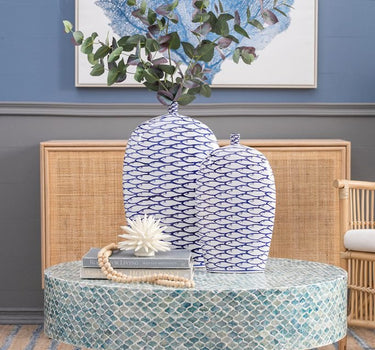 Blue - White Fish Pattern Vase 9" x 16" - Evergreen Home and Floral
