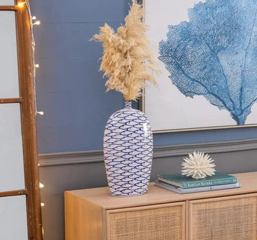 A&B Blue-White Fish Pattern Vase 9" x 16" - Vases Merchandise