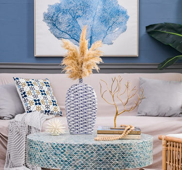 Blue - White Fish Pattern Vase 9" x 16" - Evergreen Home and Floral