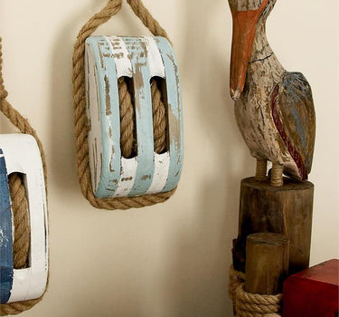 Blue Wood Rope Pulley 14"H x 5"W - Evergreen Home and Floral