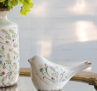 Ceramic Floral Print Bird Figurine 8" x 4.5" - Evergreen Home and Floral