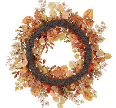 Orange Velvet Pumpkin/Berry/Wheat Wreath 30"