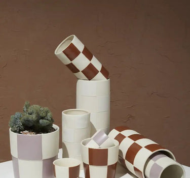 Brown checkerboard ceramic vase set in multiple sizes with lavender accents