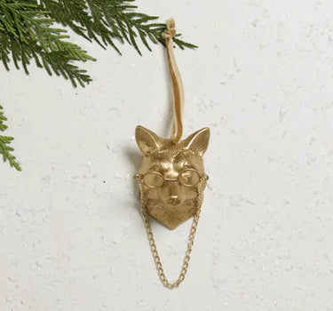 Eloise Gold Fox Ornament by Accent Decor; gold fox head with glasses and chain, hangs from a satin ribbon