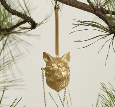 Eloise Gold Fox Ornament, Accent Decor, hanging with chain and glasses