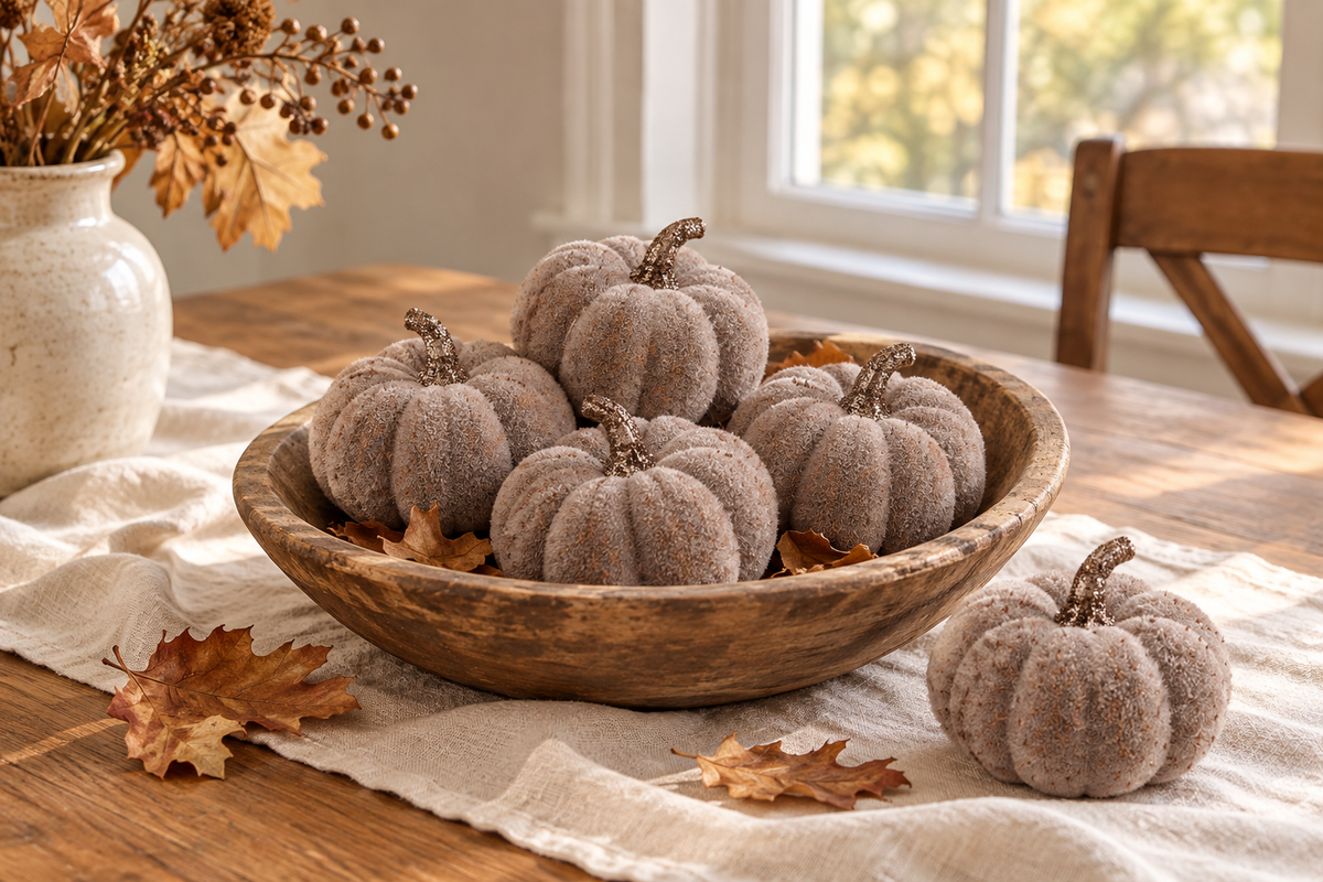 Taupe decorative pumpkins arranged on a fall dining table.