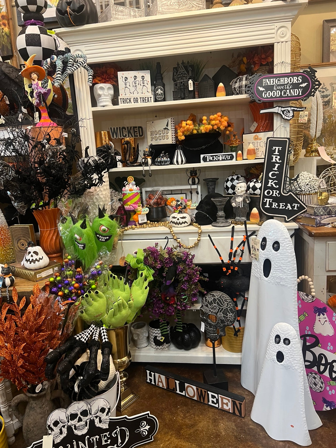 Halloween displays inside Evergreen Home and Floral