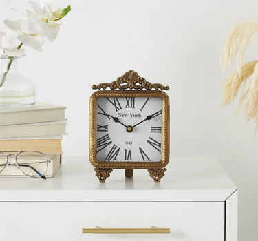 Deco Marché Gold Metal Scroll Antique Style Decorative Clock 6" x 3" x 8" - Desk Clocks Merchandise
