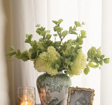 A&B Green-Gold Glass Floral Print Vase 5"D x 7" - Vases Merchandise