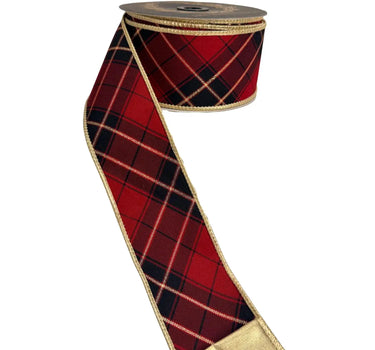 John Mark - JME Burgundy-Gold Plaid Metallic Ribbon  2.5" x 10yd