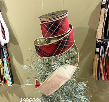 John Mark - JME Burgundy-Gold Plaid Metallic Ribbon  2.5" x 10yd
