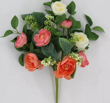 Golden Bell Mixed Ranunculus Bush Pink-Cream-Coral 16" - Artificial Flowering Plants Silk