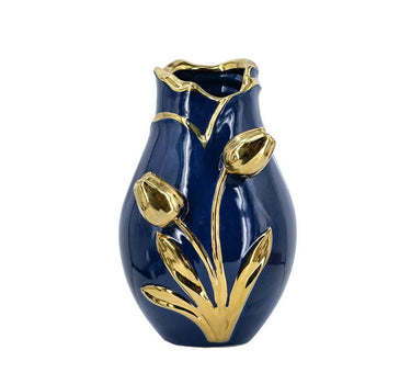 A&B Navy-Gold Ceramic 3D Tulip Vase 7.5" x 11" - Uncategorized Merchandise