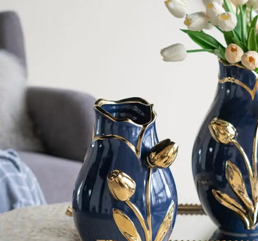 A&B Navy-Gold Ceramic 3D Tulip Vase 7.5" x 11" - Uncategorized Merchandise