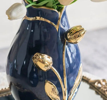 A&B Navy-Gold Ceramic 3D Tulip Vase 7.5" x 11" - Uncategorized Merchandise