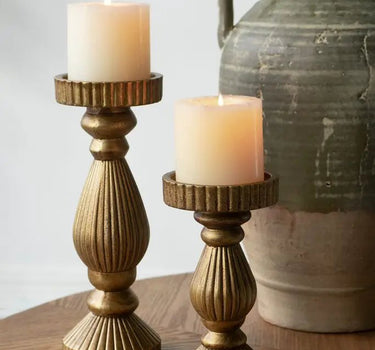 Ornate Wooden Candle Holder with Antique Gold Finish 3.5"D x 8"H - Evergreen Home and Floral