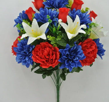 Golden Bell Peony/Dahlia/Lily/Rose Bud Mixed Bush Red-White-Blue 24" - Artificial Flowering Plants Silk