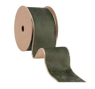 Reversible Classic Velvet Wired Ribbon Moss/Gold 2.5"Wx10yd - Evergreen Home and Floral