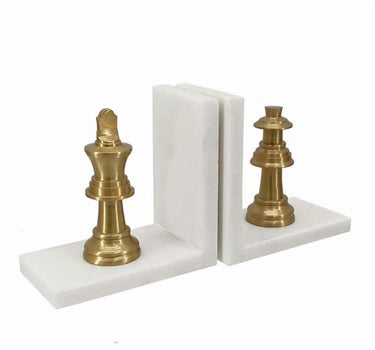 A&B Set of Two White Marble Chess Bookends 6" - Bookends Merchandise