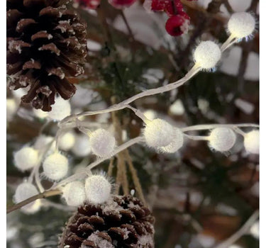 LED Snow Ball Garland 6' length; white fuzzy LED spheres on a string with pine cone accents