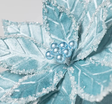 Velvet Poinsettia Stem, light blue silk petals with beaded trim, Direct Export