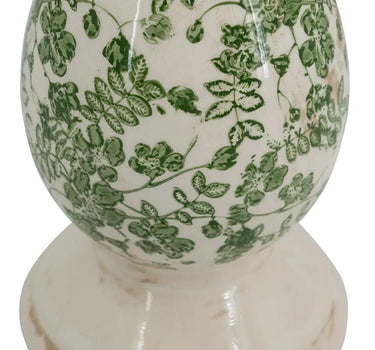 A&B White Ceramic Candle Holder with Green Floral Pattern Large 5.5"D x 12.5" - Candle Holders Merchandise