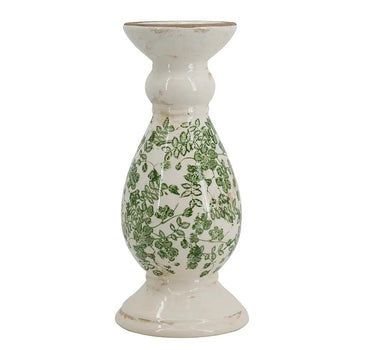 A&B White Ceramic Candle Holder with Green Floral Pattern Large 5.5"D x 12.5" - Candle Holders Merchandise