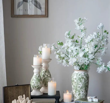 A&B White Ceramic Candle Holder with Green Floral Pattern Large 5.5"D x 12.5" - Candle Holders Merchandise